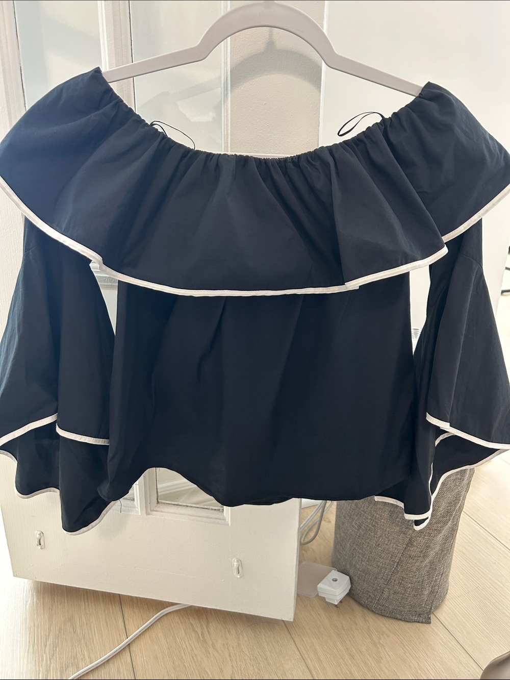 Zara Black Off-Shoulder Ruffle Blouse with White Trim